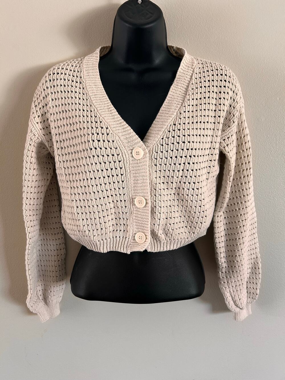 Freshman 1996 Cropped Open Knit Cardigan Sweater Beige XS Cotton Blend